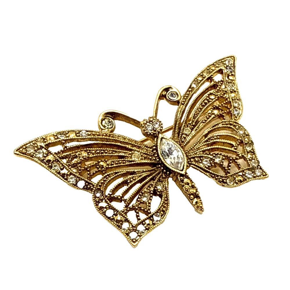 Vintage 1928 Brand Rhinestone Filigree Butterfly Brooch Gold Tone Open Work 2"